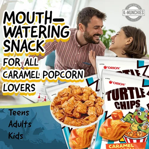 Vista 3 de K-Munchies Orion Turtle Chips – Bolsa grande de 3 x 160 gramos de sabor a caramelo con sabor a palomitas de maíz, chips coreanos grandes