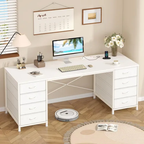 Vista 25 de YOMILUVE Escritorio para computadora de 50 pulgadas con 8 cajones, escritorio para oficina en casa con tomas de corriente, escritorio de trabajo