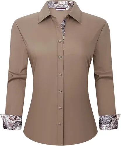 Vista 7 de WARHORSEE Blusas de vestir de manga larga con botones de algodón para mujer, blusas de trabajo elegantes de fácil cuidado, blusas casuales