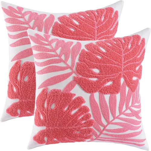 Vista 11 de Fundas de almohada bordadas de 18 x 18 pulgadas, paquete de 2 hojas Hoja tropical azul