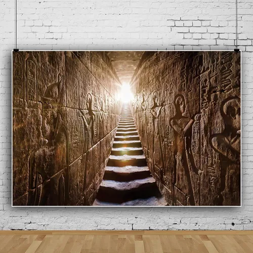 Vista 3 de Telón de fondo del templo egipcio de 5 x 3 pies, escalera antigua, luz tenue antigua, misteriosa, tallas jeroglíficas, decoración para colgar