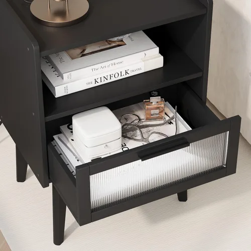 Vista 7 de MMEOLUOOK Mesita de noche con estación de carga, mesitas de noche, mesa auxiliar con espacio de almacenamiento de 2 niveles, para dormitorio, sala