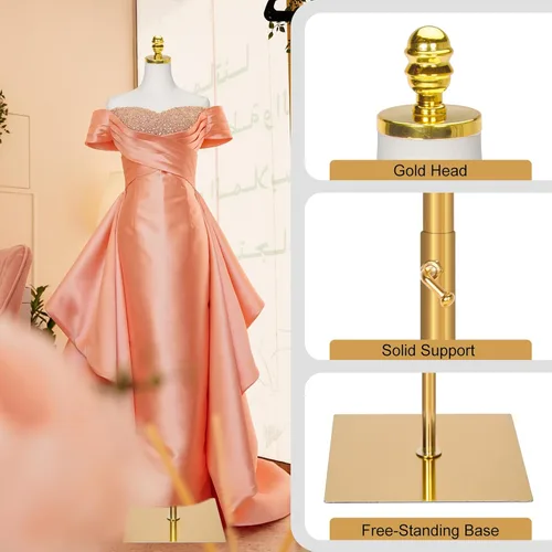 Vista 6 de Vestido de maniquí femenino con forma de torso, cuerpo de maniquíes de torso ajustable con base de metal, maniquí de ropa dorado para coser, tienda
