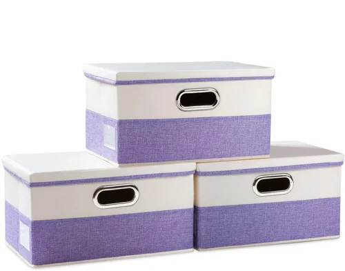 Vista 71 de PRANDOM Contenedores de almacenamiento con tapas [paquete de 3] cajas de almacenamiento plegables de tela de lino, canastas organizadoras, cubos