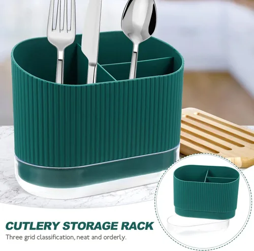 Vista 2 de Soporte para utensilios de cocina, organizador de cubiertos de plástico con drenaje para palillos, 3 compartimentos, cuchara y tenedor