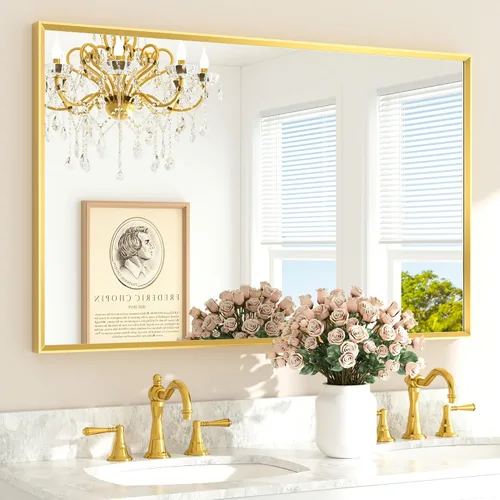 Vista 22 de TETOTE Espejo de baño dorado cepillado de 20" x 30", espejo de tocador de baño rectangular de latón dorado cepillado con marco biselado para sobre