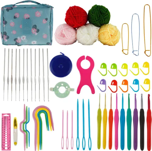 Vista 9 de Abizarch Kit de 59 piezas de ganchos de ganchillo para principiantes adultos, kit de inicio de tejer para adultos con mango ergonómico de agarre