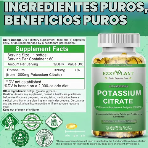 Vista 8 de Cápsulas blandas de suplemento de potasio, citrato de potasio de alta absorción, 1000 mg para equilibrio electrolítico muscular, corazón y soporte