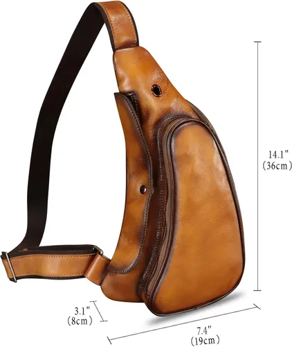 Vista 4 de Bolso de cuero genuino para mujeres y hombres, mochila de cuero retro para el pecho, bolso cruzado
