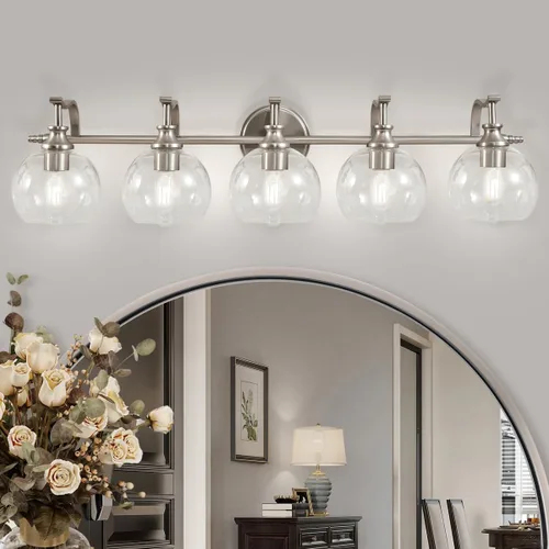Vista 11 de ANDY STAR Lámparas de baño de níquel cepillado, luces de tocador de 1 luz, apliques modernos de pared de baño con pantalla de vidrio transparente