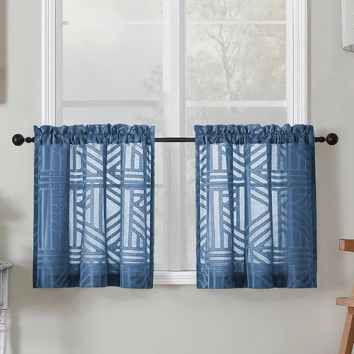 Vista 36 de Simplebrand Cortinas traslúcidas negras de cocina de 24 pulgadas de largo, 2 paneles, filtrado de luz, geométrico jacquard con textura, cortinas