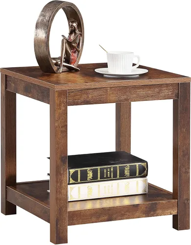 Vista 5 de Mesa auxiliar de material MDF, mesa auxiliar de espacio pequeño de 2 niveles, mesita de noche moderna, mesa de sofá, mesa auxiliar con estante