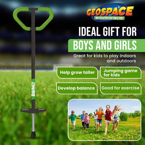 Vista 4 de Geospace Jumparoo Boing! Palo Pogo mediano 'PRO' para niños, soporta 60 a 100 libras, juguete al aire libre para niños y niñas, juego activo