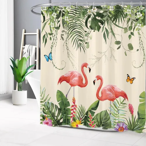 Vista 12 de EOBTAIN Cortina de ducha de hojas de plantas tropicales para baño, flamenco rosa y mariposa azul con hojas de palma en beige, cortina de ducha con 8