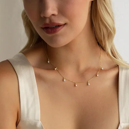 Vista 3 de Ieftop Collares de perlas para mujer, chapado en oro de 14 quilates, hecho a mano, delicado collar de cadena de perlas de agua dulce, collar