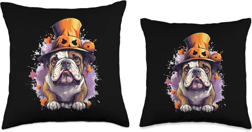 Vista 3 de Bulldog Halloween Dog Pumpkin Costume Cojín de Halloween con diseño de calabaza y perro de Bulldog Inglés, 16 x 16 pulgadas, multicolor