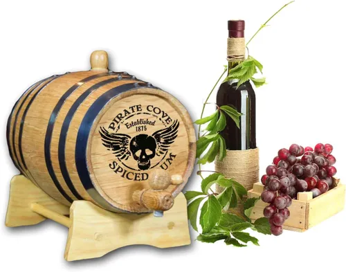 Vista 6 de Barril decorativo de roble bourbon de 2 litros con soporte de madera, Bung y espita – Barril de exhibición solo – Mini barril de whisky de 2 litros