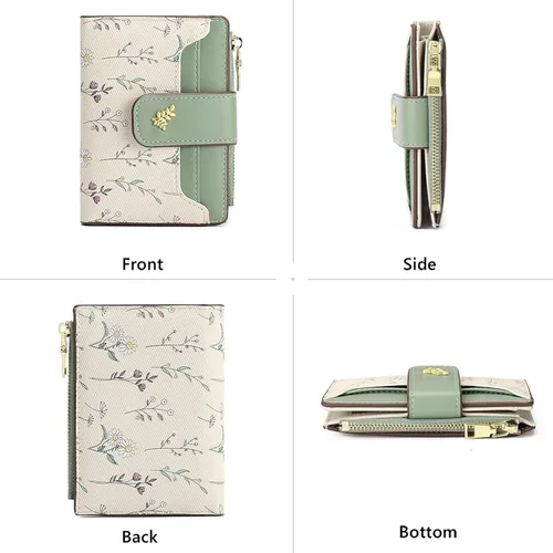 Vista 3 de Billeteras pequeñas para mujer, de cuero, plegable, con cremallera, con bolsillo con cremallera, lindo soporte para tarjetas de crédito, monedero