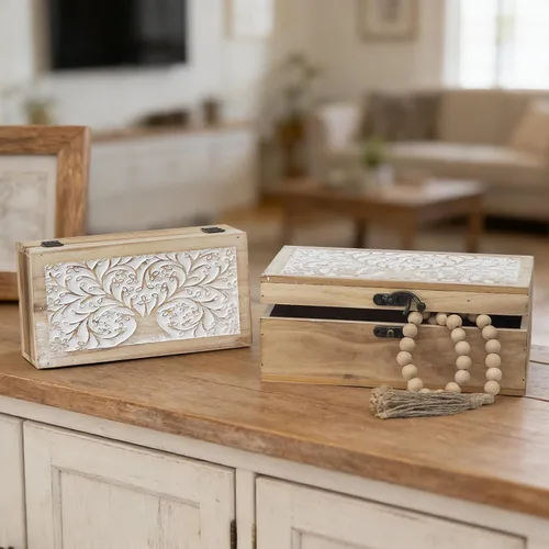 Vista 6 de 2 cajas de recuerdo de madera tallada con tapa con árbol de la vida, cajas de almacenamiento decorativas para decoración del hogar, caja