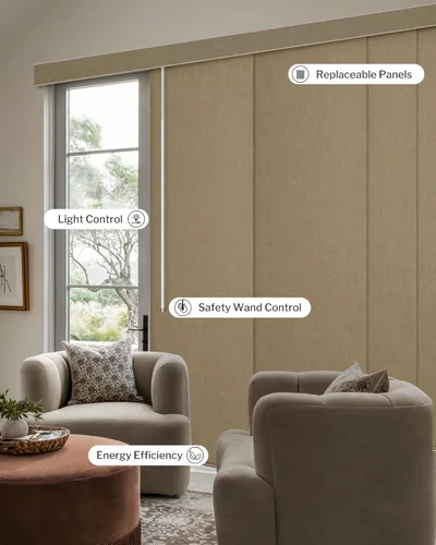 Vista 2 de Graywind - Paneles deslizantes manuales 100% opacos con control de varilla, persianas de privacidad para ventanas de patio, puertas corredizas