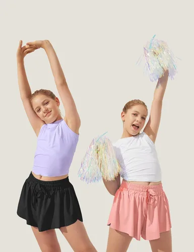 Vista 2 de Ewedoos Pantalones cortos holgados 2 en 1 para niñas, pantalones cortos atléticos de mariposa, talla 10-12, lindos pantalones cortos de moda