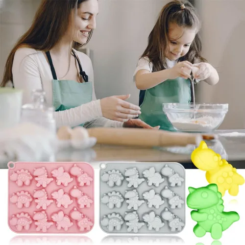 Vista 4 de Paquete de 2 moldes de silicona de dinosaurio con 12 cavidades 3D con temática de dinosaurios para hornear, herramienta de horneado para pastel