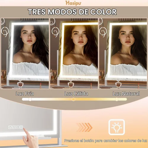 Vista 4 de Hasipu Espejo de tocador con luces y altavoz Bluetooth, espejo de maquillaje LED de 24 x 20 pulgadas, espejo iluminado con aumento de 10X, puerto