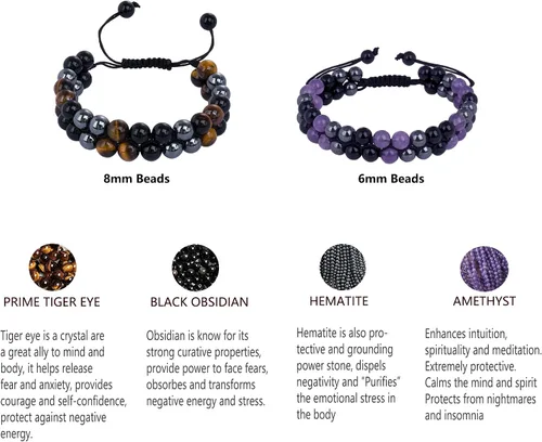 Vista 5 de Paquete de 2 pulseras de triple protección, obsidiana negra y hematita genuina de ojo de tigre y cuentas de hematita para hombres y mujeres, hechas