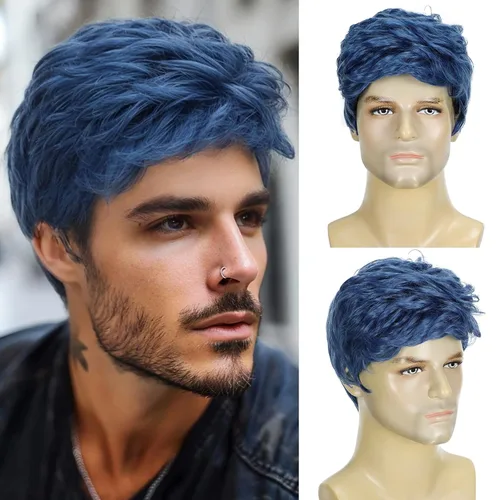 Vista 13 de DDHAIR Peluca rubia para hombre, pelo sintético corto en capas con parte Rubio