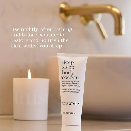 Vista 6 de THISWORKS Deep Sleep Body Cocoon – Loción corporal hidratante con lavanda, manzanilla y vetivert – Hidratante relajante nocturno para piel seca