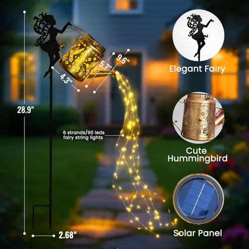 Vista 5 de X-PREK Luces solares impermeables para exteriores, luces solares de jardín de hadas, decoración al aire libre, regadera solar de colibrí, regalos