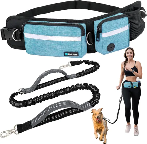 Vista 11 de Correa para perro PetAmi manos libres, correa para correr con bolsa para la cintura, para caminar, trotar, doble bolsillo con cremallera