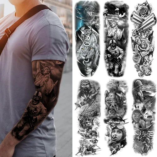 Vista 12 de Mangas temporales de tatuaje de bosque, brazo completo, lobo grande, león, animal, bosque, tribal, tatuajes falsos para hombres, mujeres y adultos