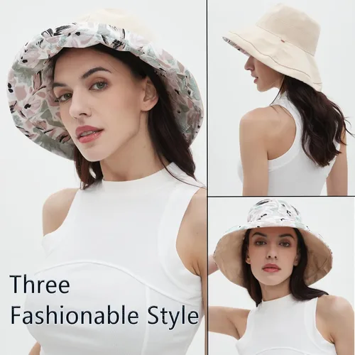 Vista 5 de vidsel Sombreros de sol para mujer, de ala ancha, reversible, de algodón, plegable, de verano, con clip para sombrero, protección UV Beige