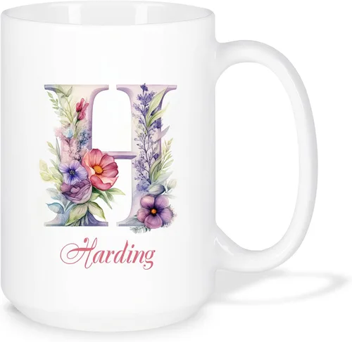 Vista 18 de Taza de café personalizada de la letra A del alfabeto, Taza de café blanca con nombre personalizado único, Taza inicial de monograma floral
