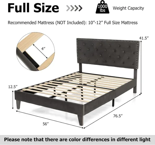 Vista 2 de KOMFOTT Base de cama tapizada tamaño matrimonial, base de cama de plataforma con cabecera copetuda y estribo acolchado suave, base de colchón