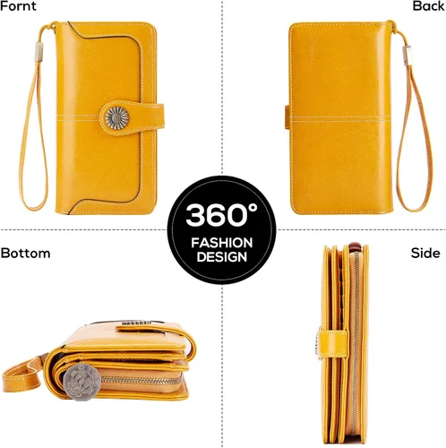 Vista 5 de INSIFEEL Billetera pequeña para mujer bolso compacto de cuero con bloqueo RFID RFID para mujer Amarillo Retro