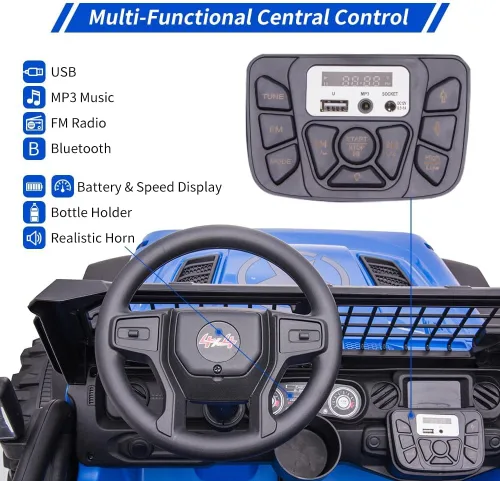 Vista 4 de Coche eléctrico de 2 plazas para niños de 24V con control remoto, 2 motores de 120W alimentados por batería, asientos extra grandes de 20" + ruedas