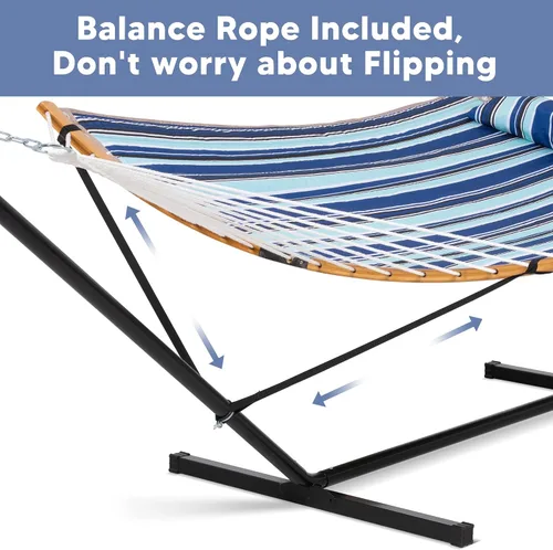 Vista 4 de SUNCREAT Hamaca doble con soporte incluido, hamaca portátil con soporte y almohada grande, rayas azules
