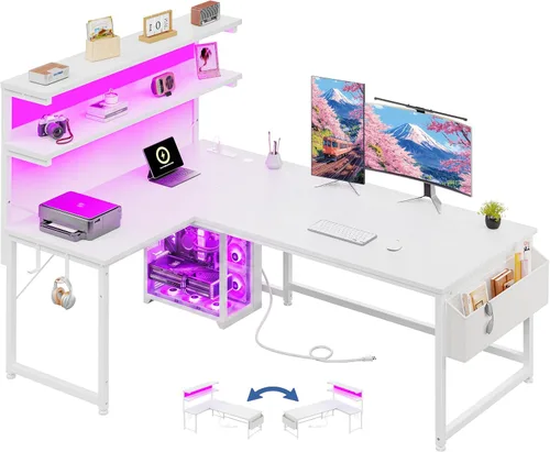 Vista 11 de DurayLoly Escritorio en forma de L para juegos con luz LED y toma de corriente, escritorio reversible en forma de L para computadora de 43.3