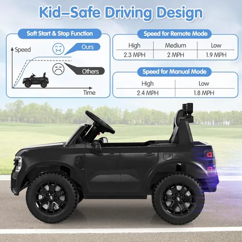 Vista 6 de HONEY JOY Vehículo eléctrico Ford Ranger con licencia de 12 V para niños, suspensión de resorte, música y 3 velocidades, bocina, luces LED, juguete