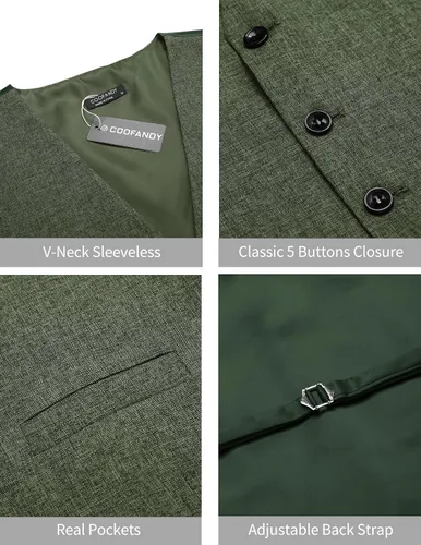 Vista 5 de COOFANDY Chaleco de traje casual para hombre, chaleco formal ajustado para negocios, chaleco de deshierbe