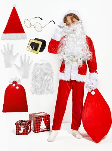 Vista 2 de SOMSOC Juego de 8 piezas de disfraz de Papá Noel para niños, disfraz de felpa de lujo, traje de Papá Noel para niños, fiesta de cosplay