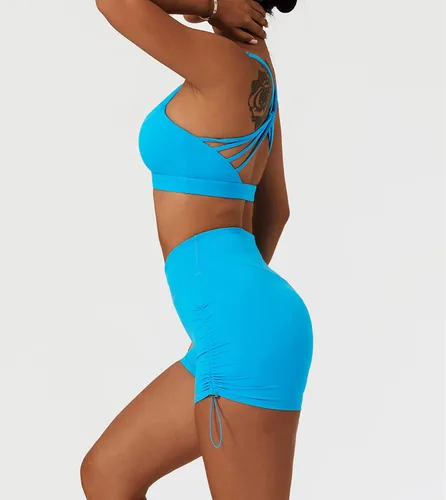 Vista 3 de Conjuntos de entrenamiento para mujer, 2 piezas, brasier deportivo recortado en capas y cintura en V, pantalones cortos para correr, gimnasio, yoga