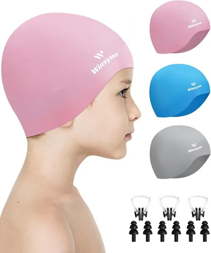 Vista 9 de 3 Pack Kids Swim Cap for Boys Girls, Unisex Silicone Swimming Caps for 3-15 Toddler Children Teen, Waterproof Bathing Caps for Short/Long Hair to