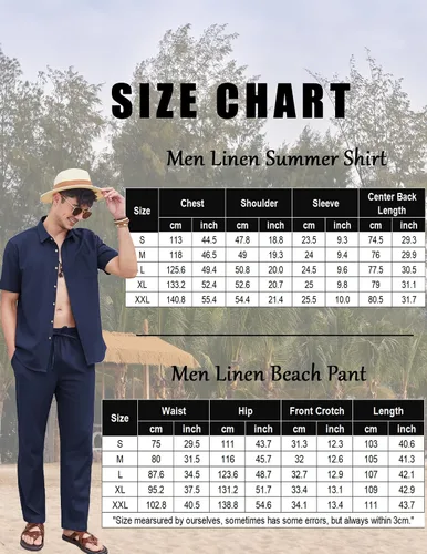 Vista 7 de COOFANDY Conjunto de 2 piezas de lino para hombre, conjunto de camisa y pantalón con botones para la playa