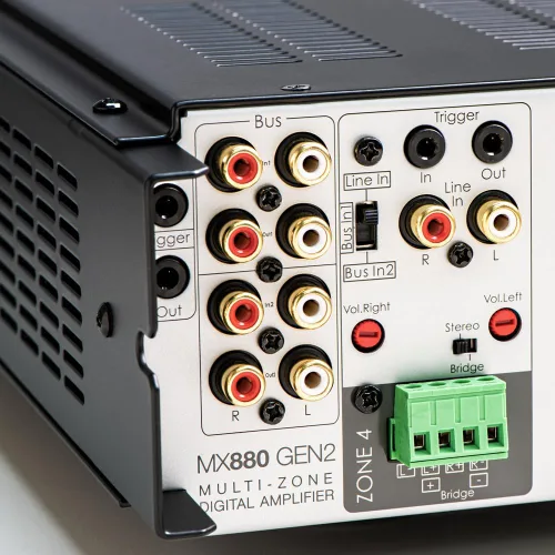 Vista 6 de OSD Audio MX880 GEN2 Amplificador de 4 zonas 8Ch x 80W, Clase D, botones de encendido/apagado del panel frontal, audio distribuido