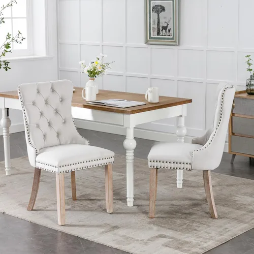 Vista 80 de Juego de 2 sillas de comedor de terciopelo con patas de madera, color beige Mid Century Modern Dining Chairs,Upholstered Chairs with Nailhead