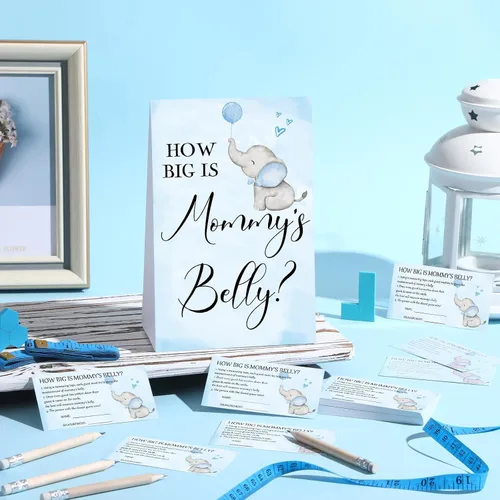 Vista 91 de Sabary 64 Piezas Juegos de Baby Shower Incluyen Letrero How Big is Mommy's Belly Sign Measure Bump Game 50 Tarjetas 10 Lápices 3 Cintas Métricas