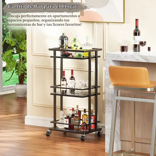 Vista 3 de OKZEST Carrito de barra de 3 niveles para el hogar, mini gabinete de licor Negro (Rustic Black)